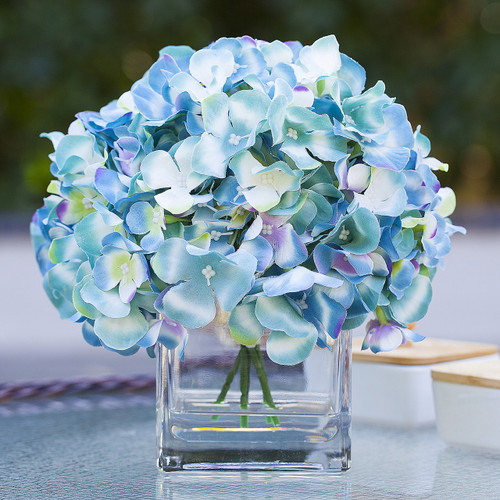 Artificial Silk Hydrangea Flower Arrangement in Cube Glass Vase With Faux Water (New) — Available in 5 Colors