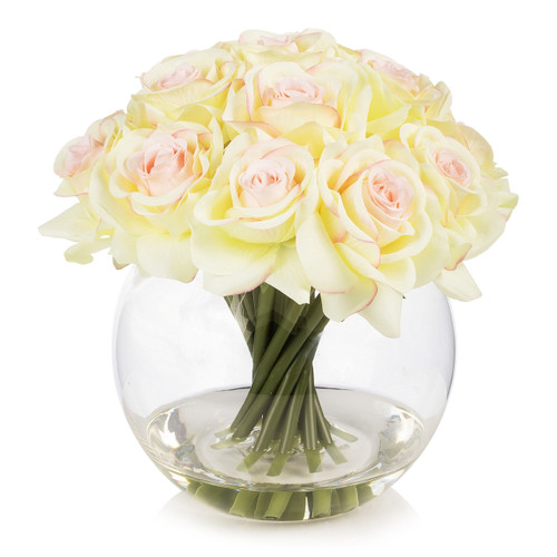 16 Heads Artificial Silk Rose Flowers in Round Glass Vase With Faux Water (New) — Available in 5 Colors