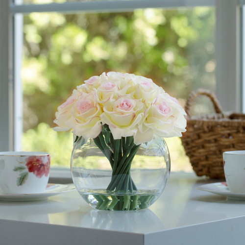 16 Heads Artificial Silk Rose Flowers in Round Glass Vase With Faux Water (New) — Available in 4 Colors
