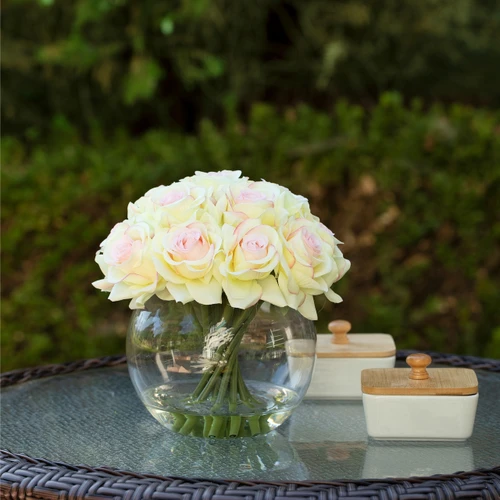 16 Heads Artificial Silk Rose Flowers in Round Glass Vase With Faux Water (New) — Available in 5 Colors