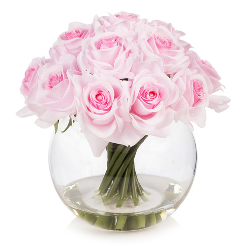 16 Heads Artificial Silk Rose Flowers in Round Glass Vase With Faux Water (New) — Available in 5 Colors