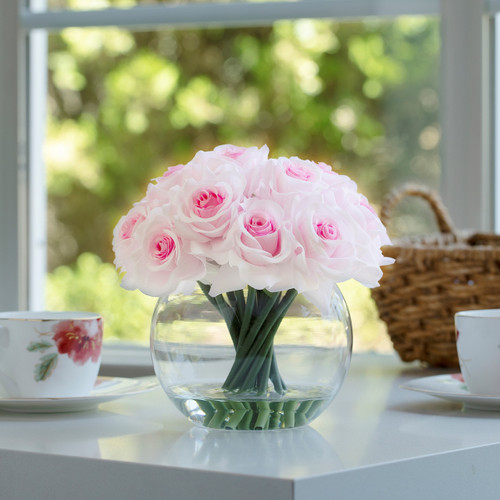 16 Heads Artificial Silk Rose Flowers in Round Glass Vase With Faux Water (New) — Available in 5 Colors