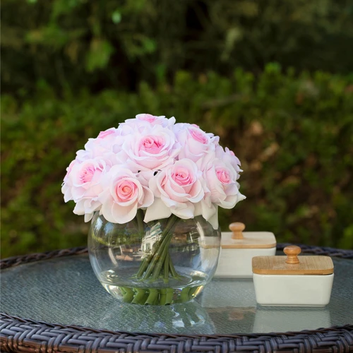 16 Heads Artificial Silk Rose Flowers in Round Glass Vase With Faux Water (New) — Available in 5 Colors