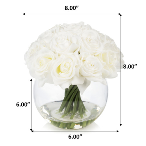 16 Heads Artificial Silk Rose Flowers in Round Glass Vase With Faux Water (New) — Available in 5 Colors