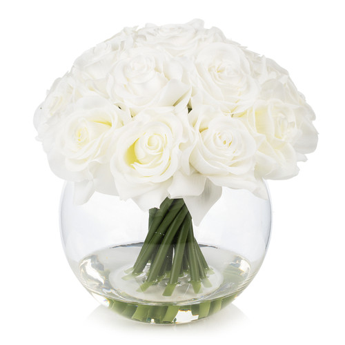 16 Heads Artificial Silk Rose Flowers in Round Glass Vase With Faux Water (New) — Available in 5 Colors