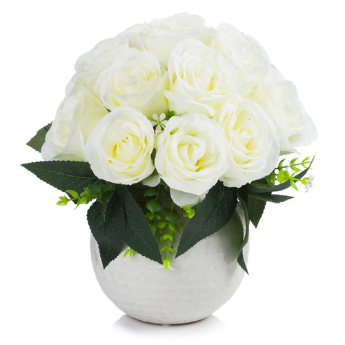 18 Heads Artificial Silk Rose Flower Arrangement in Ceramic Pot (New) — Available in 4 Colors