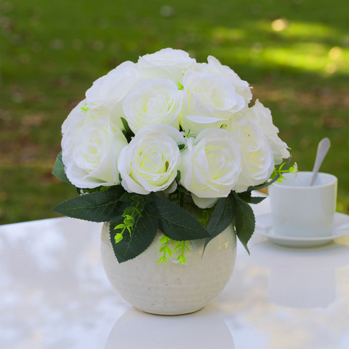 18 Heads Artificial Silk Rose Flower Arrangement in Ceramic Pot (New) — Available in 4 Colors