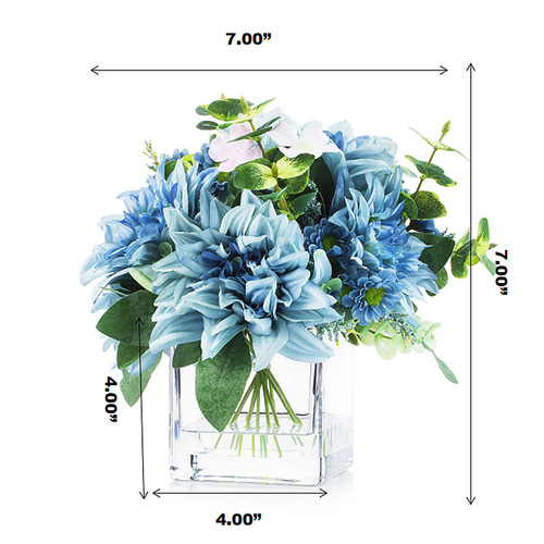 Mixed Artificial Dahlia Flower Arrangement in Cube Glass Vase With Faux Water (New) — Available in 3 Colors