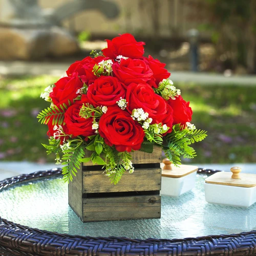 18 Heads Mixed Rose Flower Arrangement With Wood Planter (New) — Available in 4 Colors