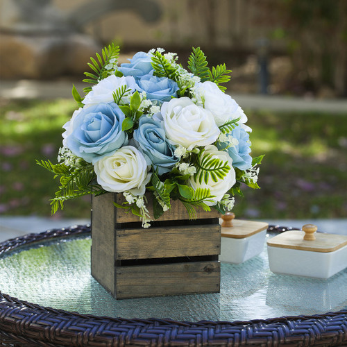 18 Heads Mixed Rose Flower Arrangement With Wood Planter (New) — Available in 4 Colors