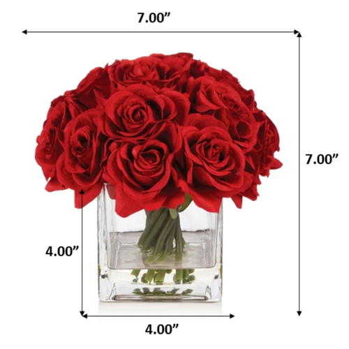 Artificial Silk Rose Flowers in Cube Glass Vase With Faux Water (New) — Available in 5 Colors