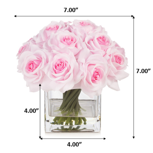 Artificial Silk Rose Flowers in Cube Glass Vase With Faux Water (New) — Available in 5 Colors