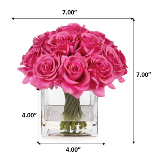 Artificial Silk Rose Flowers in Cube Glass Vase With Faux Water (New) — Available in 5 Colors