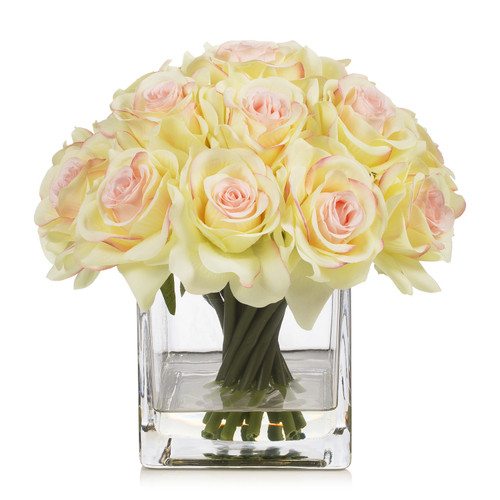 Artificial Silk Rose Flowers in Cube Glass Vase With Faux Water (New) — Available in 5 Colors