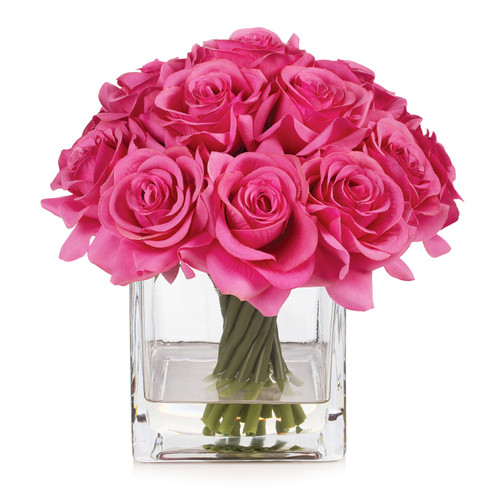 Artificial Silk Rose Flowers in Cube Glass Vase With Faux Water (New) — Available in 5 Colors