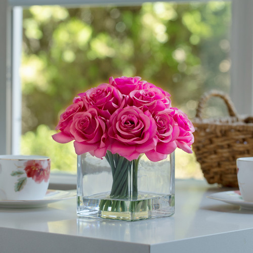 Artificial Silk Rose Flowers in Cube Glass Vase With Faux Water (New) — Available in 5 Colors