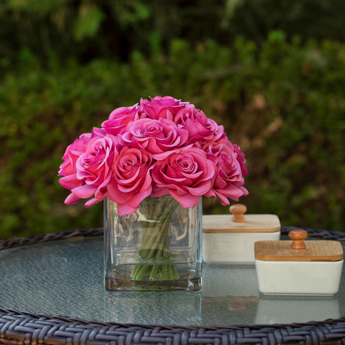 Artificial Silk Rose Flowers in Cube Glass Vase With Faux Water (New) — Available in 5 Colors