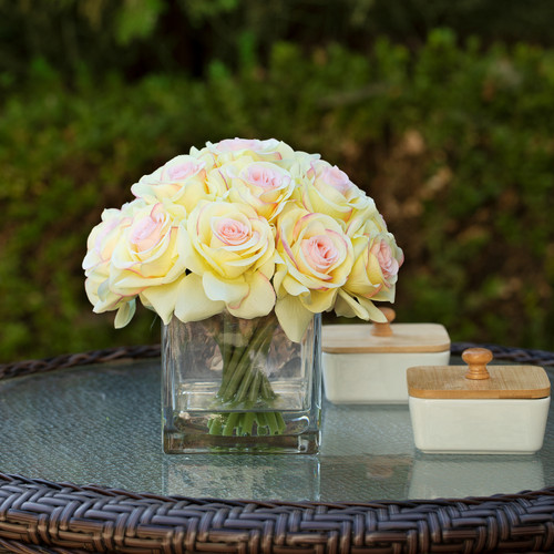 Artificial Silk Rose Flowers in Cube Glass Vase With Faux Water (New) — Available in 5 Colors
