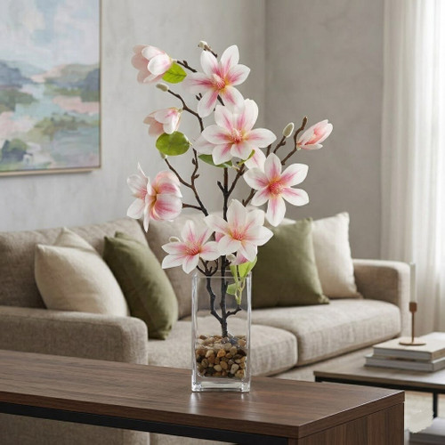 Real Touch Magnolia Flower Arrangement in Glass Vase with Faux Water and River Rock