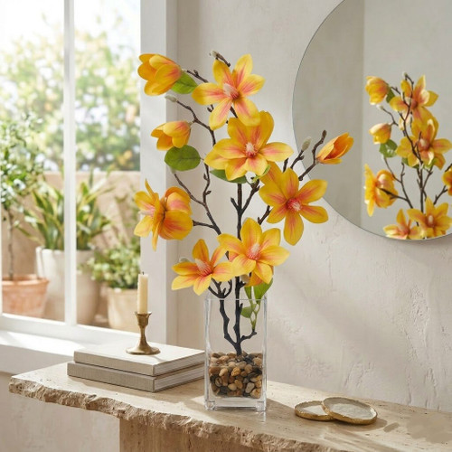 Real Touch Magnolia Flower Arrangement in Glass Vase with Faux Water and River Rock