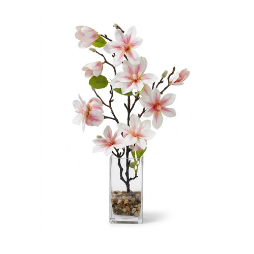 Real Touch Magnolia Flower Arrangement in Glass Vase with Faux Water and River Rock