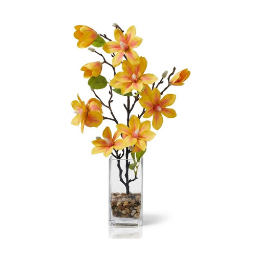 Real Touch Magnolia Flower Arrangement in Glass Vase with Faux Water and River Rock