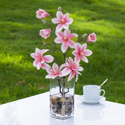 Real Touch Magnolia Flower Arrangement in Glass Vase with Faux Water and River Rock