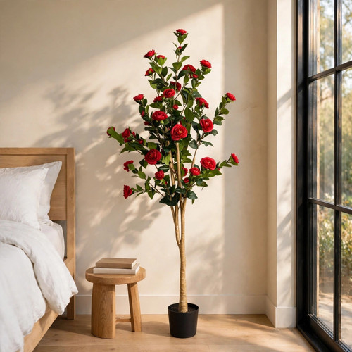 6 FT Artificial Camellia Tree with Red Blooms in Black Planter
