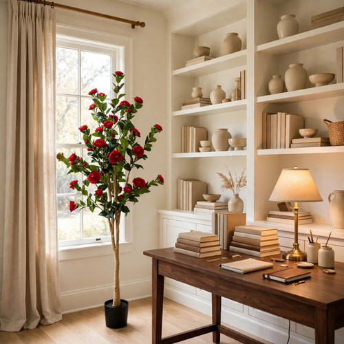 6 FT Artificial Camellia Tree with Red Blooms in Black Planter