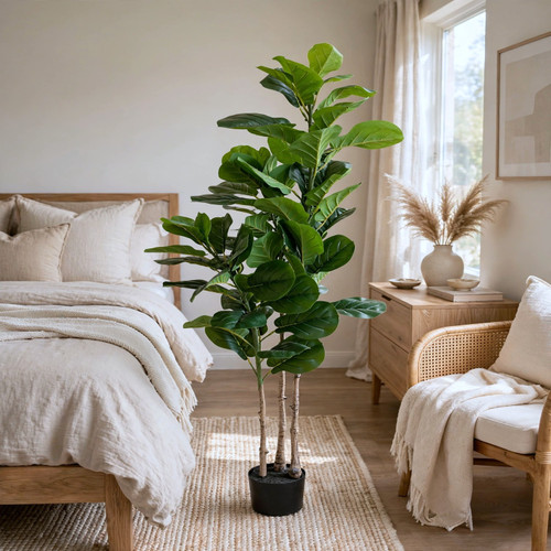 5 FT Faux Fiddle Leaf Fig with Large Glossy Leaves & Natural Triple Trunks in Black Planter