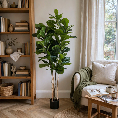 68 inches Faux Fiddle Leaf Fig with Large Glossy Leaves & Natural Triple Trunks in Black Planter