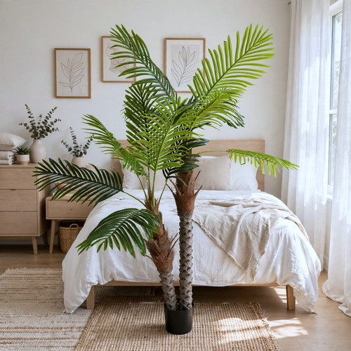 6 FT Faux Phoenix Palm with Lush Feather Fronds & Diamond-Cut Twin Trunks in Black Planter