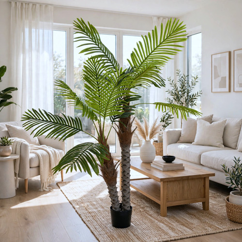 6 FT Faux Phoenix Palm with Lush Feather Fronds & Diamond-Cut Twin Trunks in Black Planter