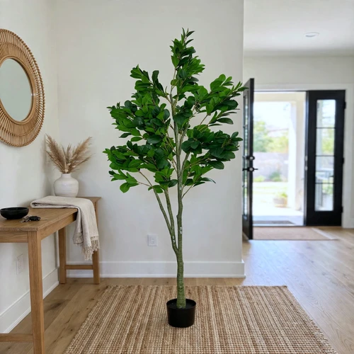 7 FT Artificial Bean Leaf Tree in Black Planter