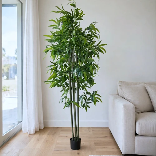 7 FT Faux Bamboo Tree with Green Segmented Canes & Glossy Long Leaves in Black Planter