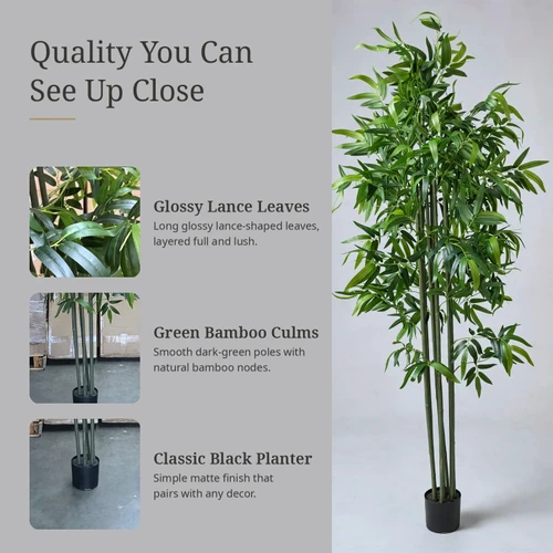 7 FT Faux Bamboo Tree with Green Segmented Canes & Glossy Long Leaves in Black Planter