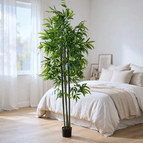 7 FT Faux Bamboo Tree with Green Segmented Canes & Glossy Long Leaves in Black Planter