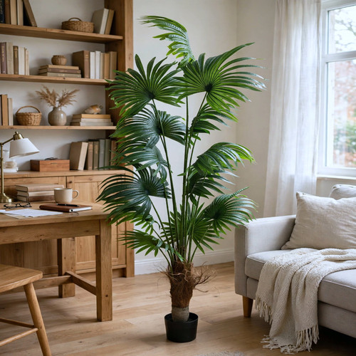 7 FT Faux Fan Palm Tree with Large Round Fan Leaves & Green Segmented Stems in Black Planter