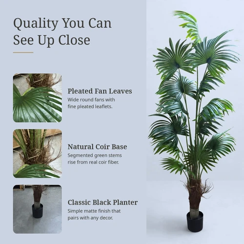 7 FT Faux Fan Palm Tree with Large Round Fan Leaves & Green Segmented Stems in Black Planter