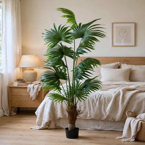 7 FT Faux Fan Palm Tree with Large Round Fan Leaves & Green Segmented Stems in Black Planter