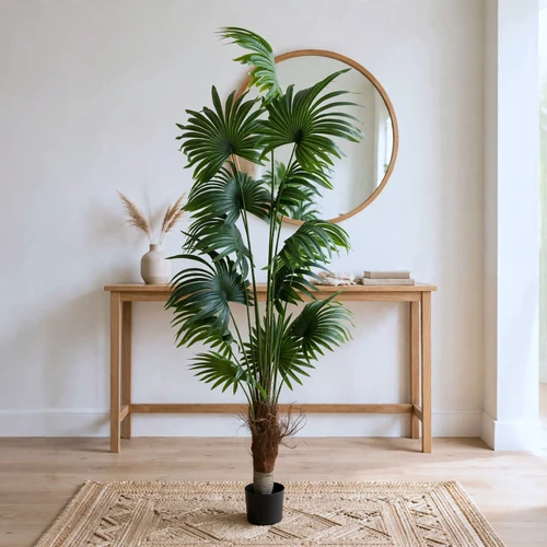 7 FT Faux Fan Palm Tree with Large Round Fan Leaves & Green Segmented Stems in Black Planter