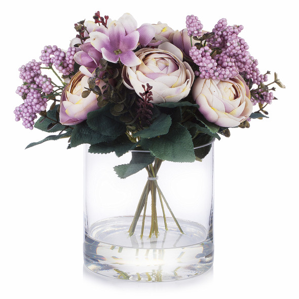 Mixed Artificial Ranunculus Flowers Arrangement in Clear Glass Vase( Purple)