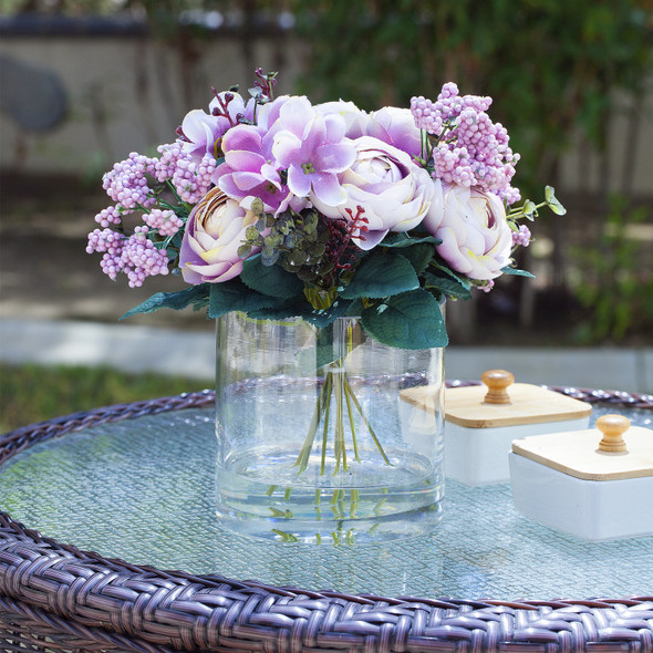 Mixed Artificial Ranunculus Flowers Arrangement in Clear Glass Vase( Purple)