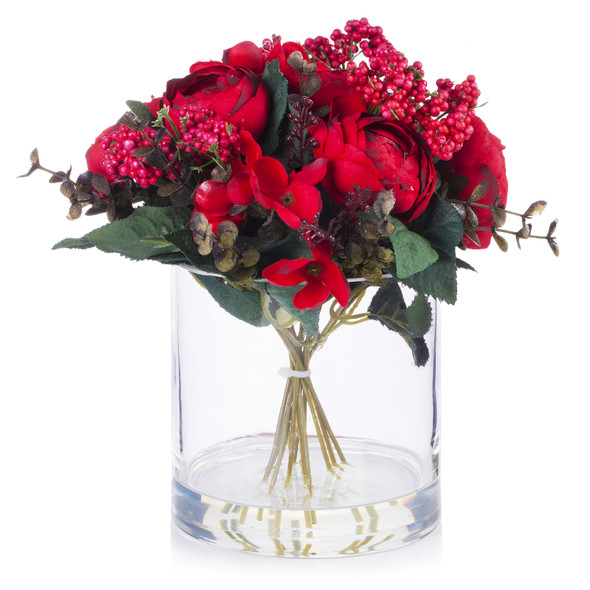 Mixed Artificial Ranunculus Flowers Arrangement in Clear Glass Vase(Red)