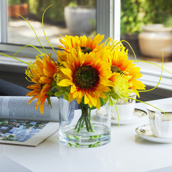 Mixed Artificial Sunflower  Arrangement in Clear Glass Vase