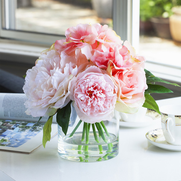 Mixed Artificial Peony and Rose Flower Arrangement in Clear Glass Vase