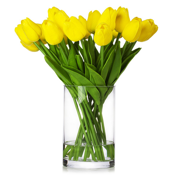 20 Pieces Artificial Real Touch Tulips Flower Arrangement in Glass Vase With Faux Water(Yellow)