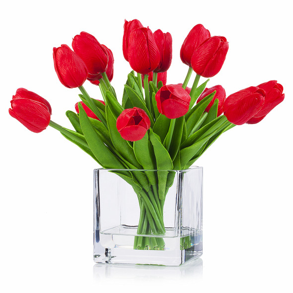 20 Pieces Artificial Real Touch Tulips Flower Arrangement in Cube Glass Vase With Faux Water(Red)