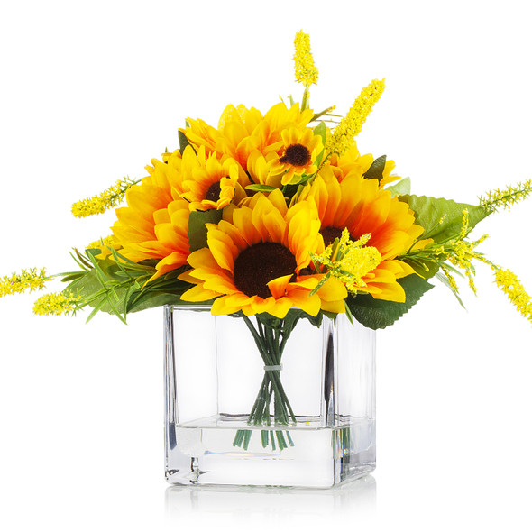 Artificial Silk Sunflower Arrangement in Clear Glass Vase With Faux Water