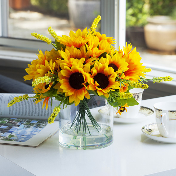 Artificial Sunflowers Arrangement in Clear Glass Vase